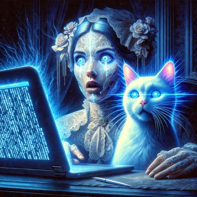 The primary subject of the image is a woman sitting in front of a laptop computer. She is wearing a lace dress and appears to be typing on the laptop. The setting is a room with a desk, and the visual style is digital art. The colors in the image are predominantly blue, creating a calm and focused atmosphere.